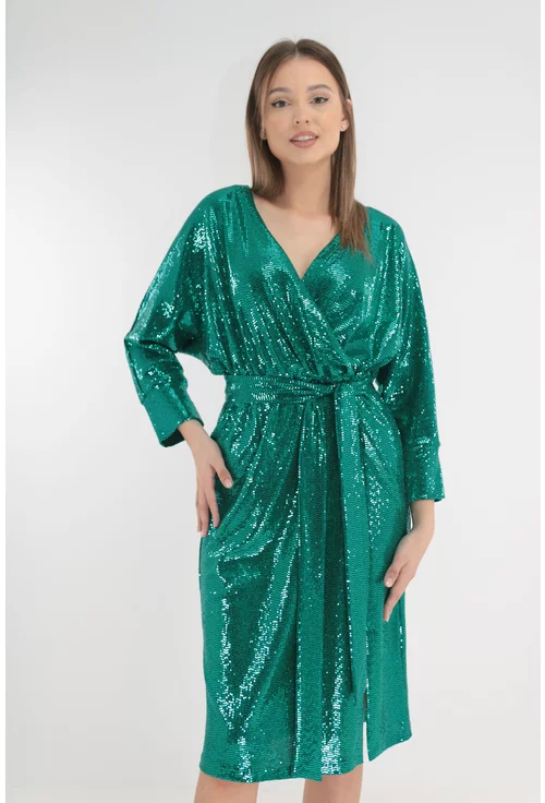 Rochie de ocazie verde-smarald cu paiete si decolteu suprapus