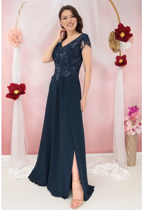 Rochie de seara bleumarin cu broderie si paiete