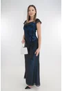 Rochie de seara din voal negru si saten albastru