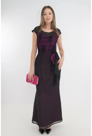Rochie de seara din voal negru si saten ciclamen