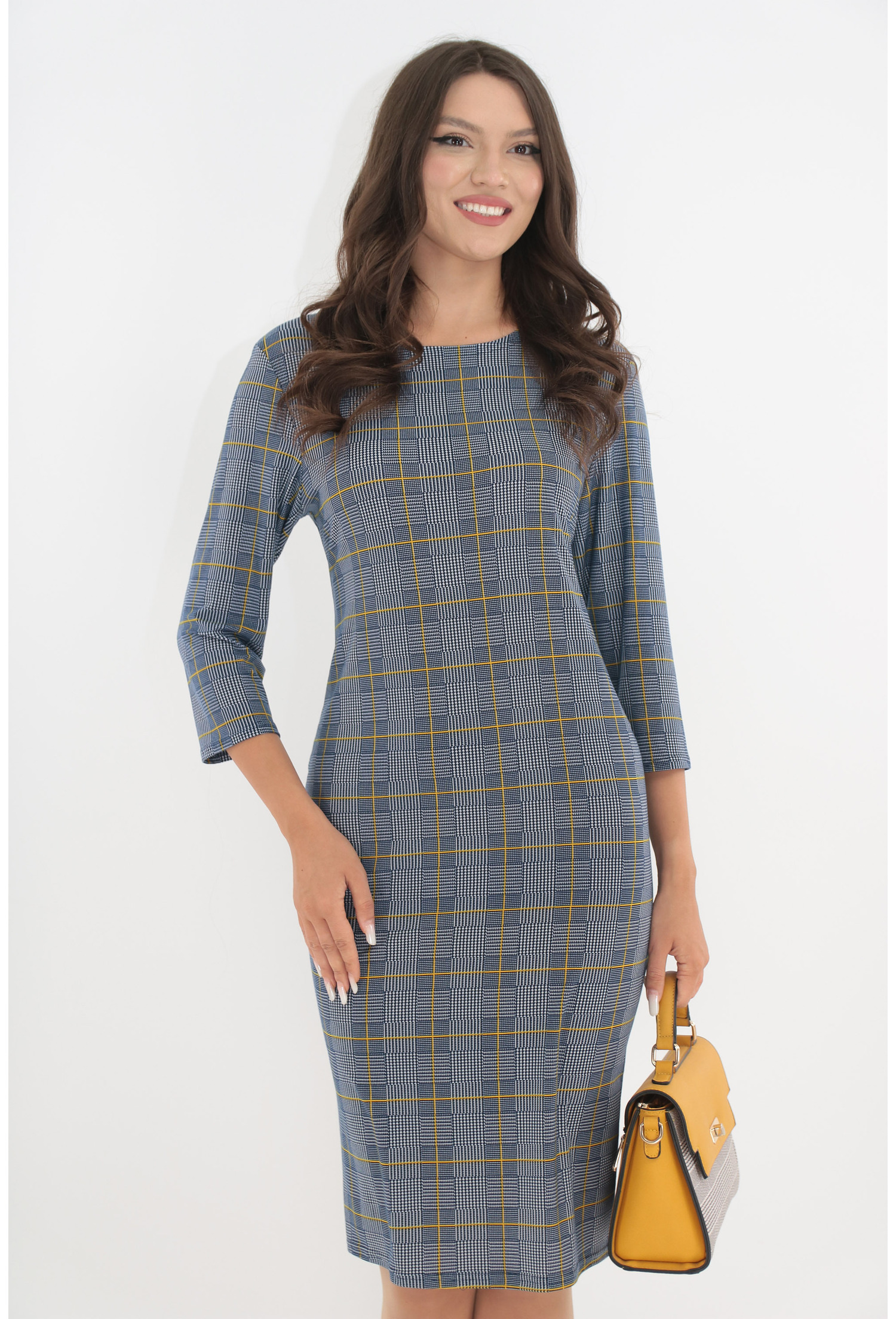 Rochie de zi gri in carouri fine mustar - Rochii office