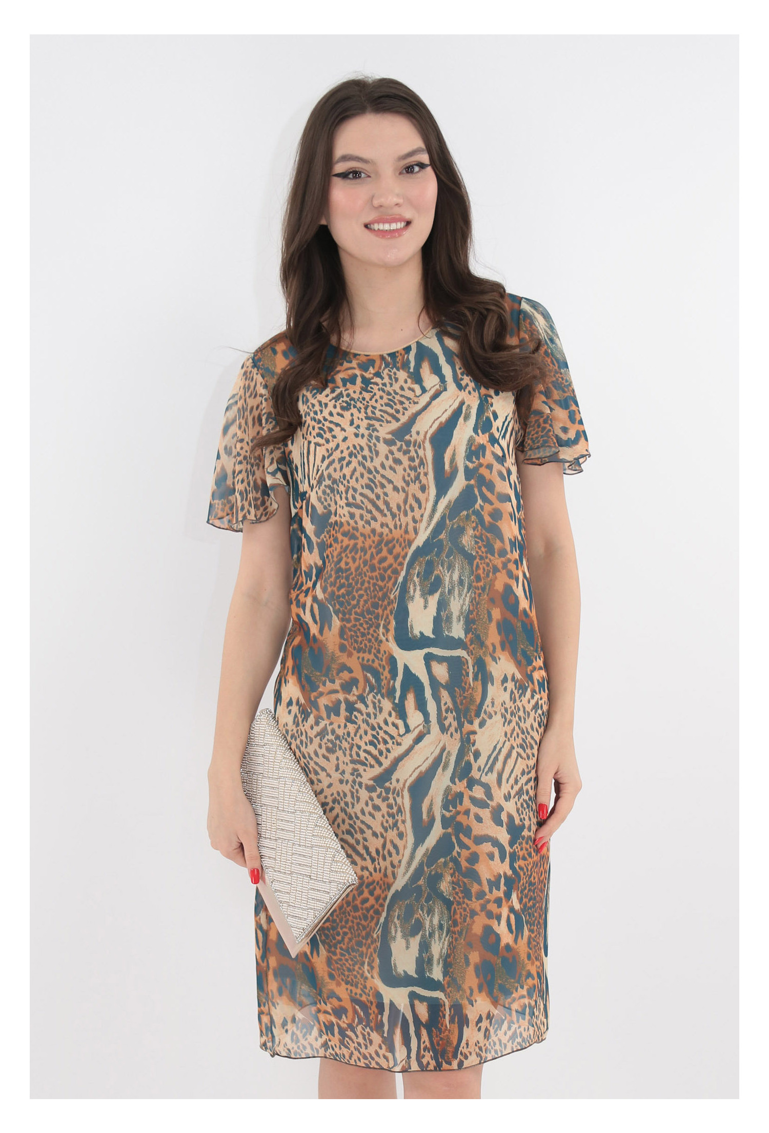 Rochie diafana din voal bej cu animal print