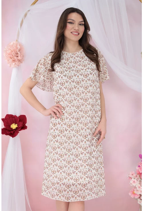 Rochie diafana din voal bej cu print floral discret