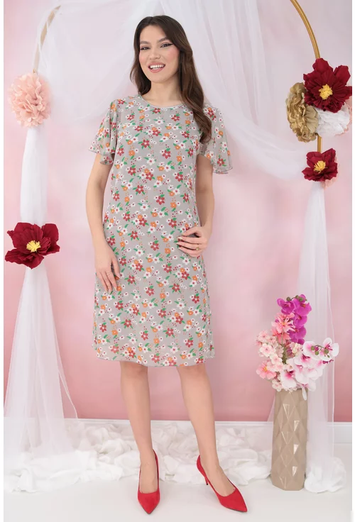 Rochie diafana din voal gri cu print floral orange