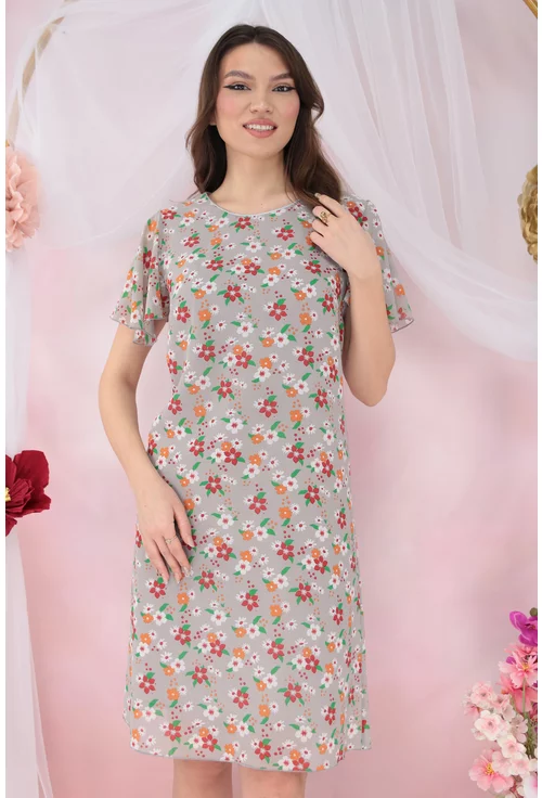 Rochie diafana din voal gri cu print floral orange