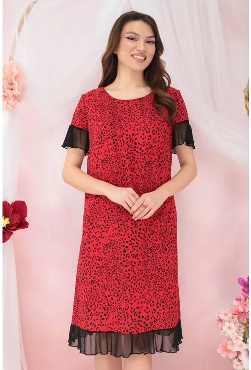 Rochie diafana din voal rosu cu animal print negru