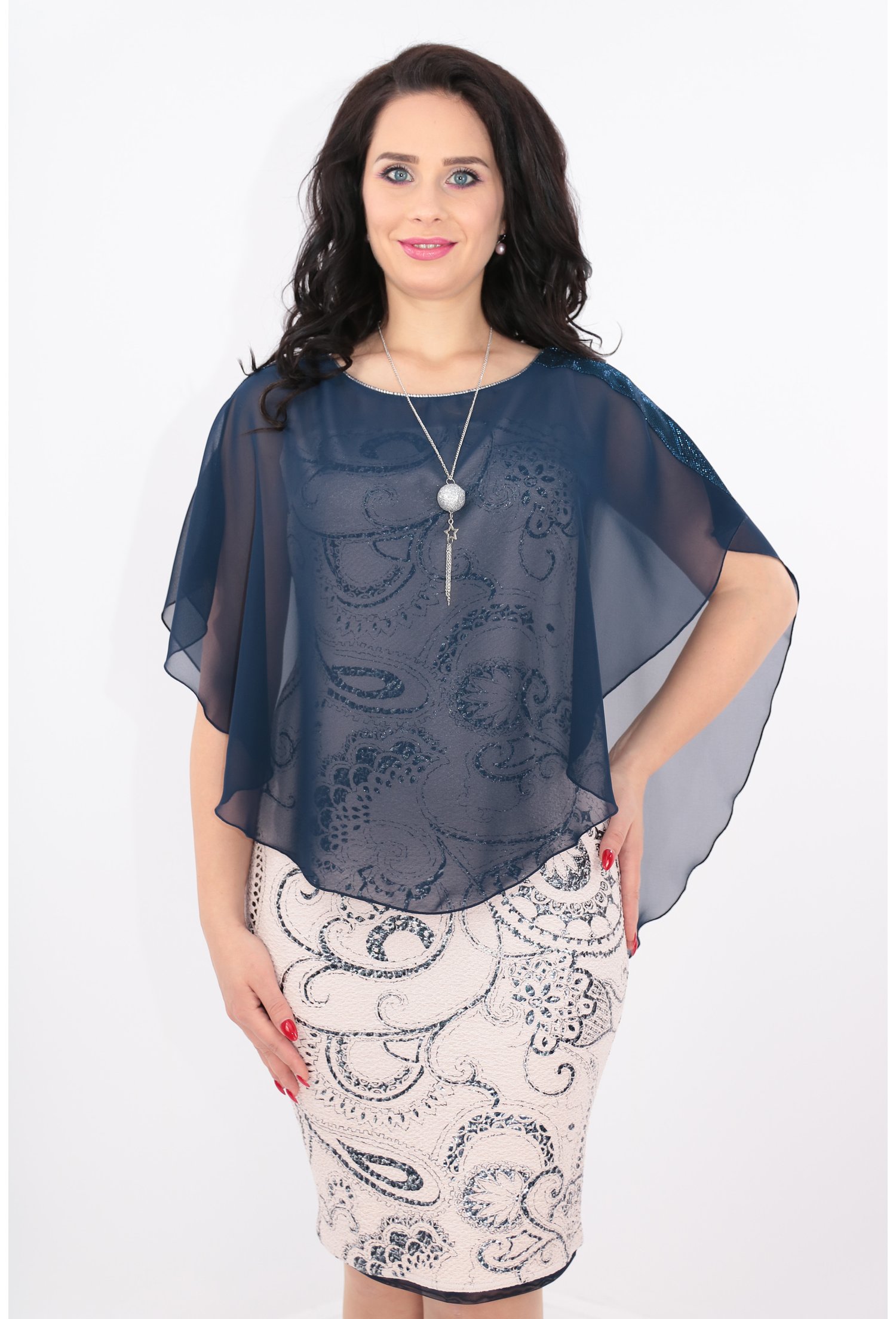Rochie din brocard roz si voal bleumarin