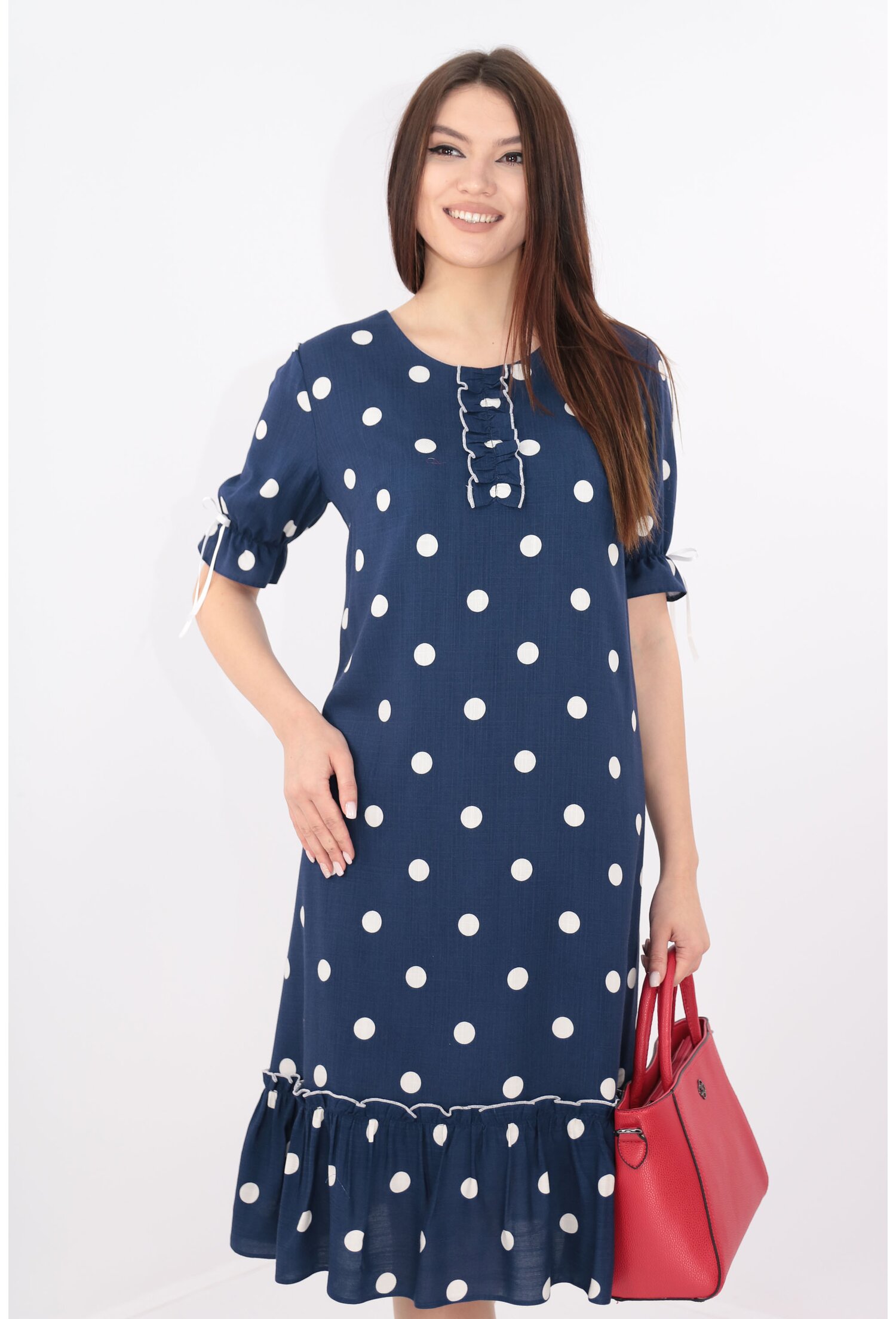 Rochie din bumbac bleumarin cu buline albe