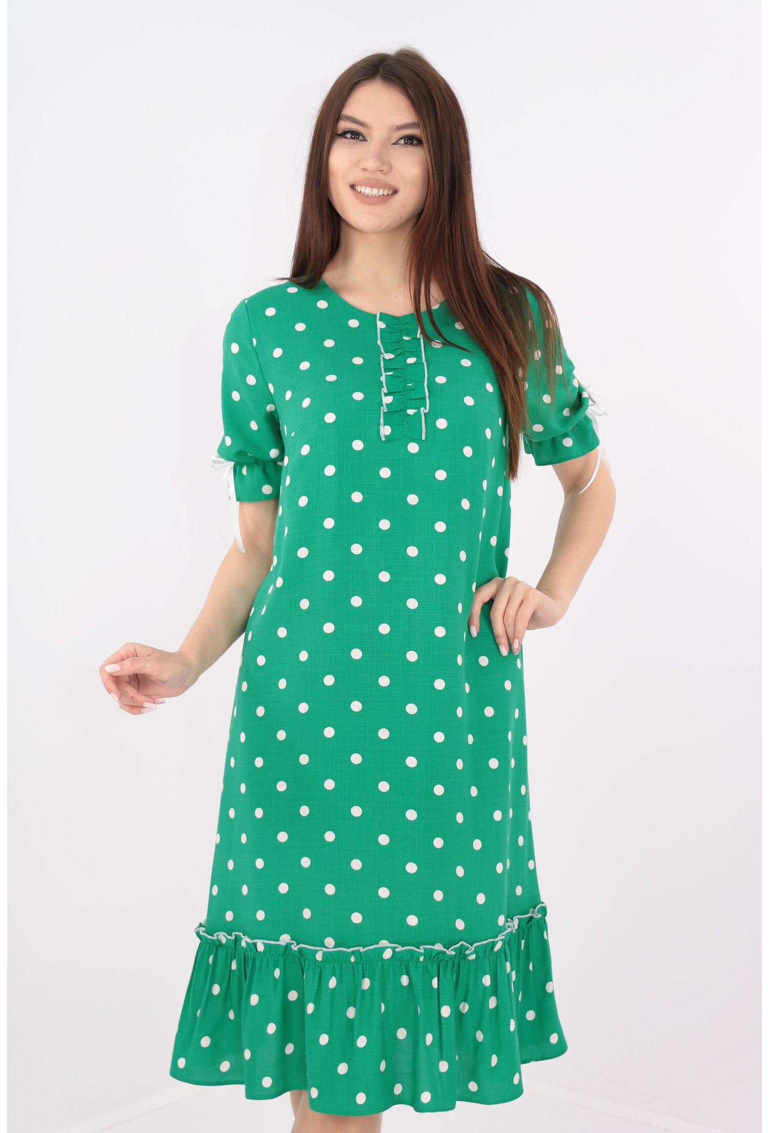 Rochie din bumbac verde cu buline albe