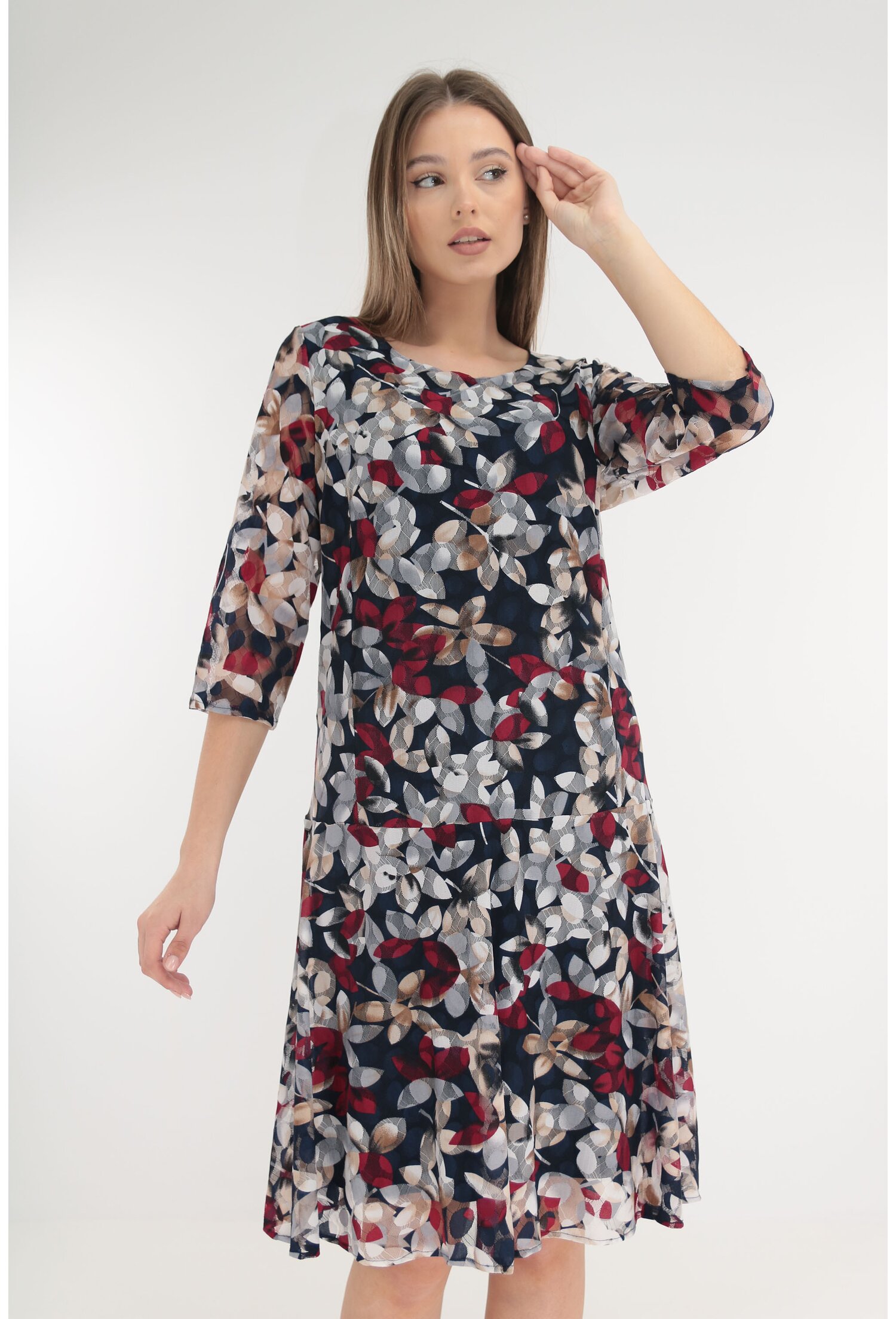 Rochie din dantela bleumarin cu model floral rosu-alb