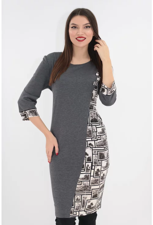 Rochie din jerse gri cu garnituri alb-negre
