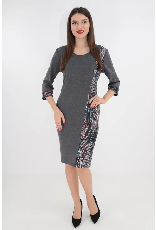 Rochie din jerse gri cu garnituri multicolore