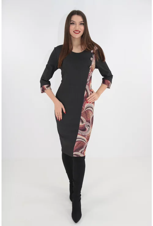 Rochie din jerse gri inchis cu garnituri caramizii cu print abstract