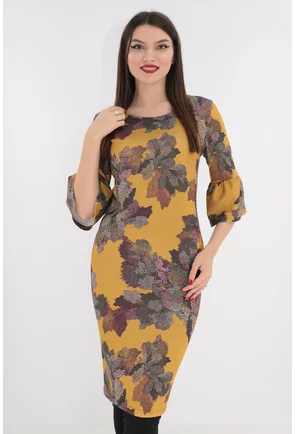 Rochie din jerse mustar cu print maxi si maneci cu volane