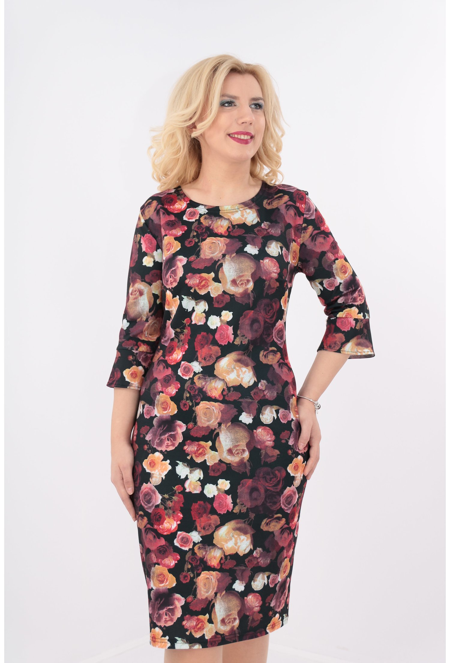 Rochie din jerse negru cu print floral multicolor