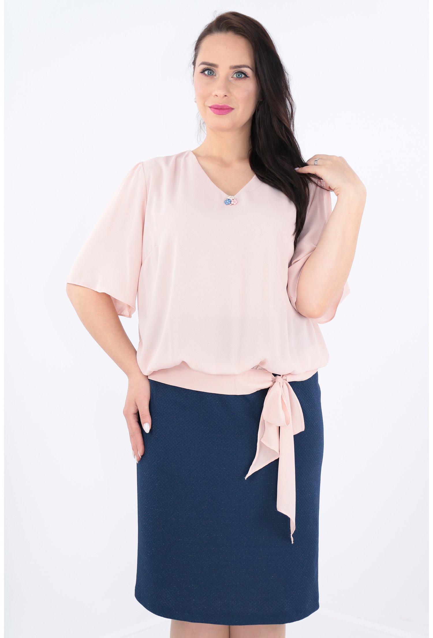 Rochie din stofa bleumarin si voal roz