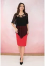 Rochie din stofa rosie cu fir metalic si voal plisat negru