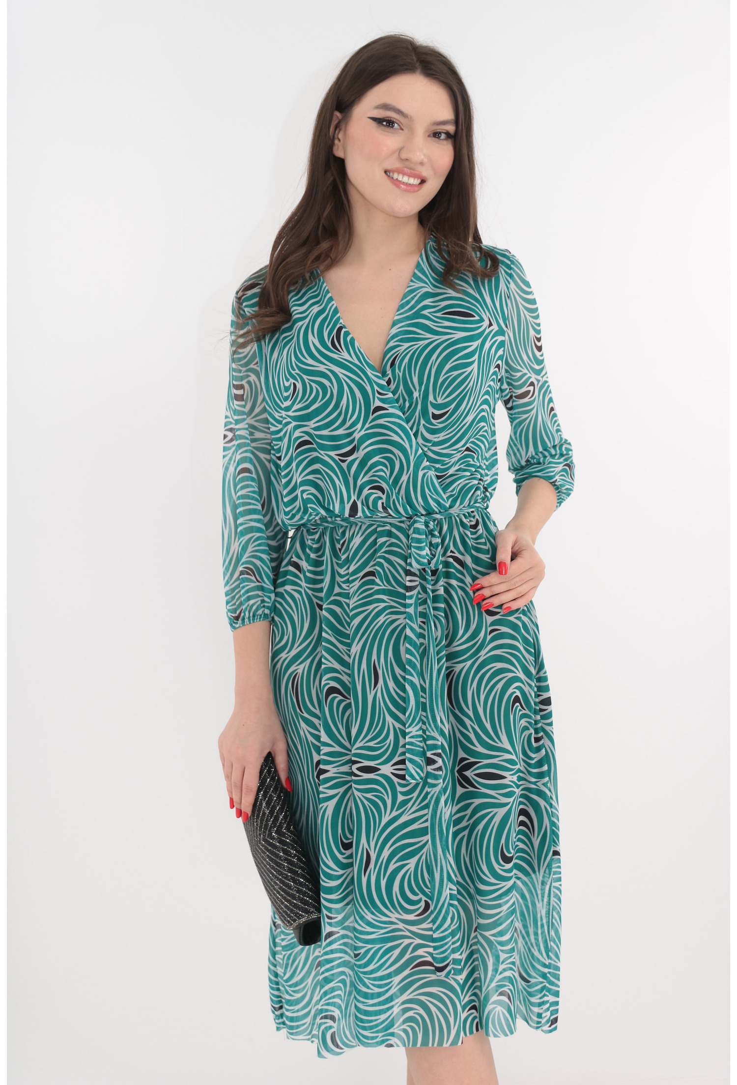 Poze Rochie din tull cu print abstract verde-alb