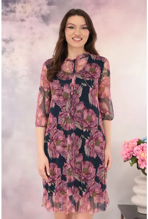 Rochie din tulle bleumarin cu imprimeu floral roz