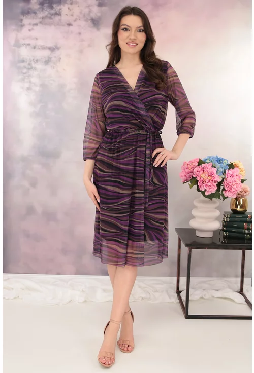Rochie din tulle cu decolteu suprapus si print abstract violet-maro