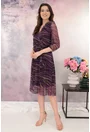 Rochie din tulle cu decolteu suprapus si print abstract violet-maro