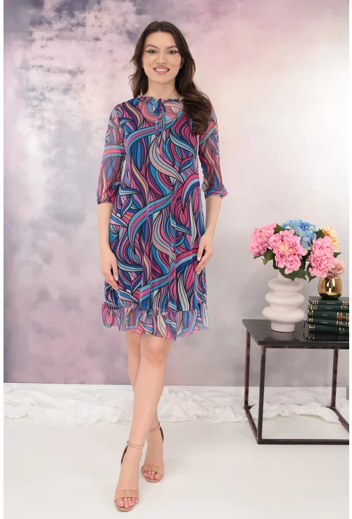 Rochie din tulle cu imprimeu abstract roz-albastru