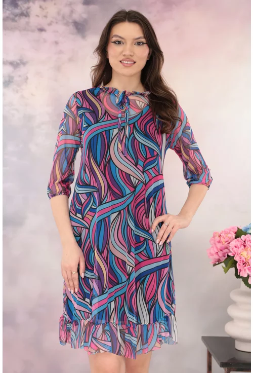 Rochie din tulle cu imprimeu abstract roz-albastru