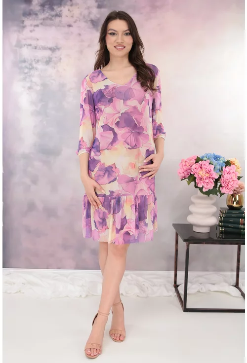 Rochie din tulle cu imprimeu floral lila si volanas la tiv