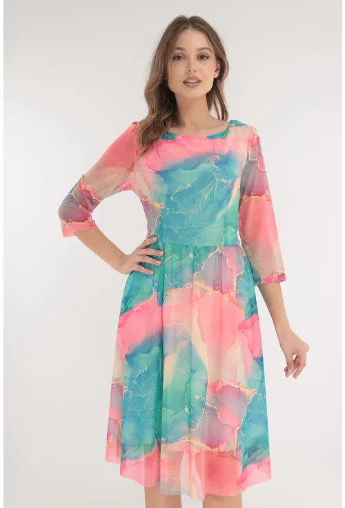 Rochie din tulle cu print abstract corai-turcoaz