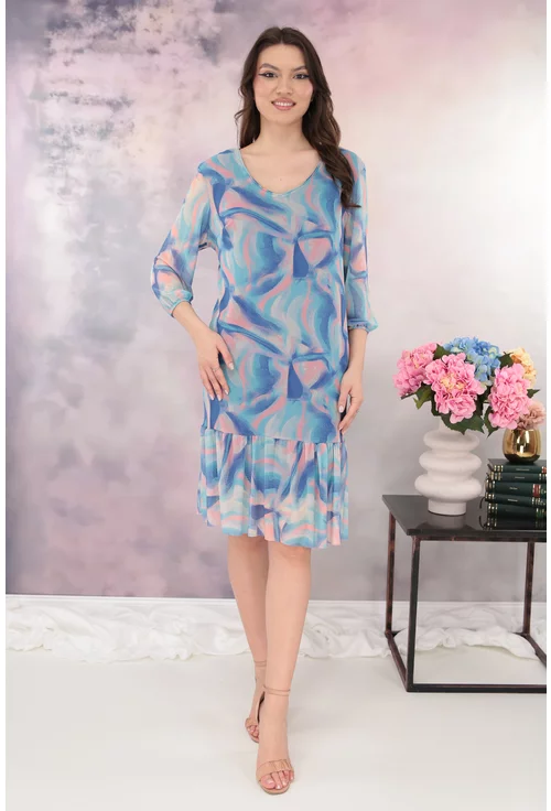 Rochie din tulle cu print abstract roz-bleu si volanas la tiv