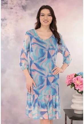 Rochie din tulle cu print abstract roz-bleu si volanas la tiv