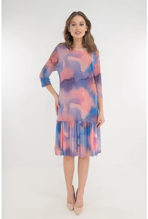 Rochie din tulle cu print abstract violet-corai