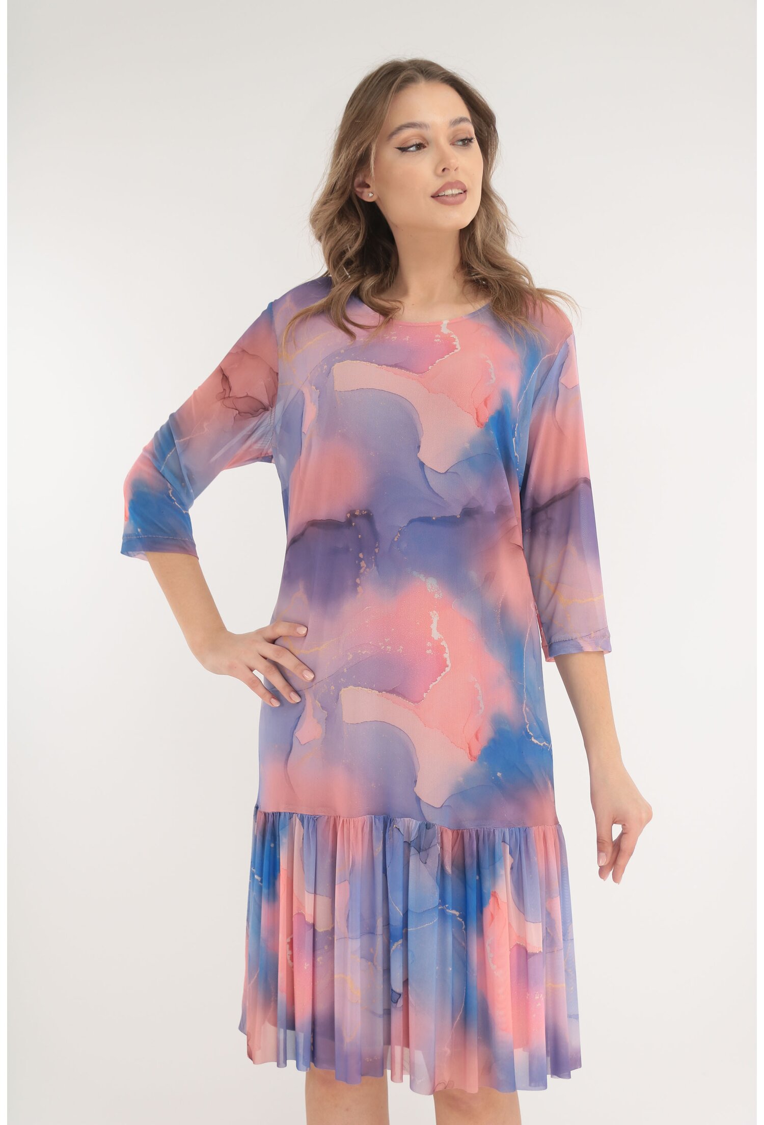 Rochie din tulle cu print abstract violet-corai