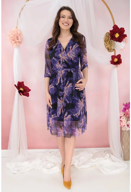 Rochie din tulle mov cu decolteu suprapus si print floral galben