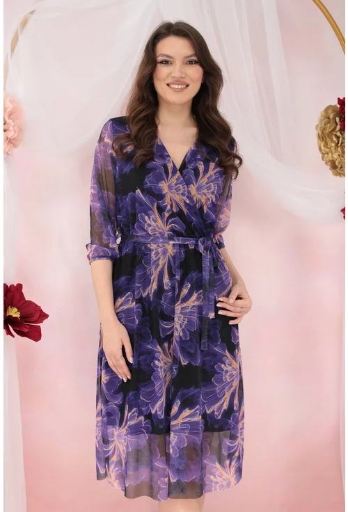 Rochie din tulle mov cu decolteu suprapus si print floral galben