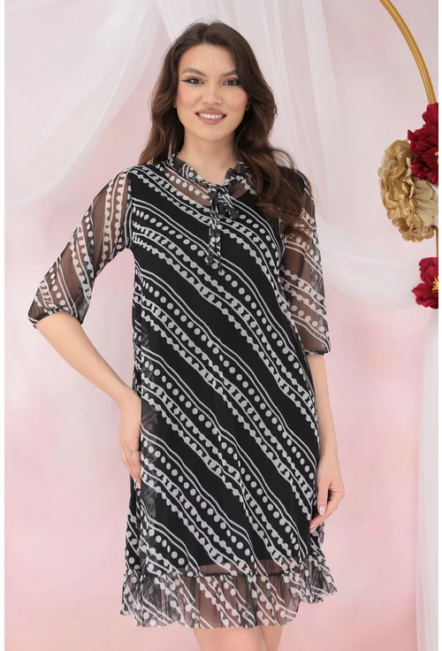 Rochie din tulle negru cu imprimeu abstract alb