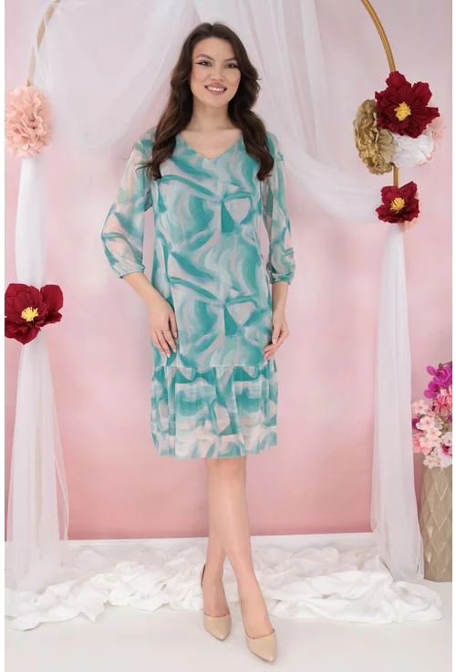 Rochie din tulle turcoaz cu print abstract bej si volanas la tiv