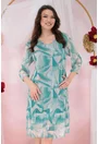 Rochie din tulle turcoaz cu print abstract bej si volanas la tiv