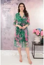 Rochie din tulle verde cu decolteu suprapus si flori maxi roz