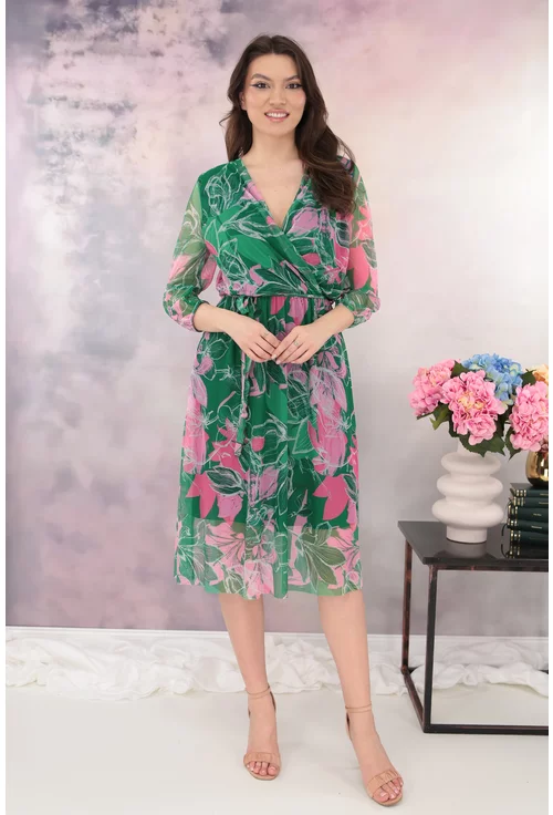 Rochie din tulle verde cu decolteu suprapus si flori maxi roz