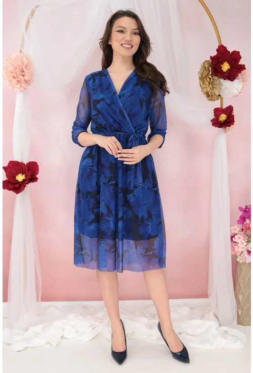 Rochie din tulle violet cu decolteu suprapus si print floral