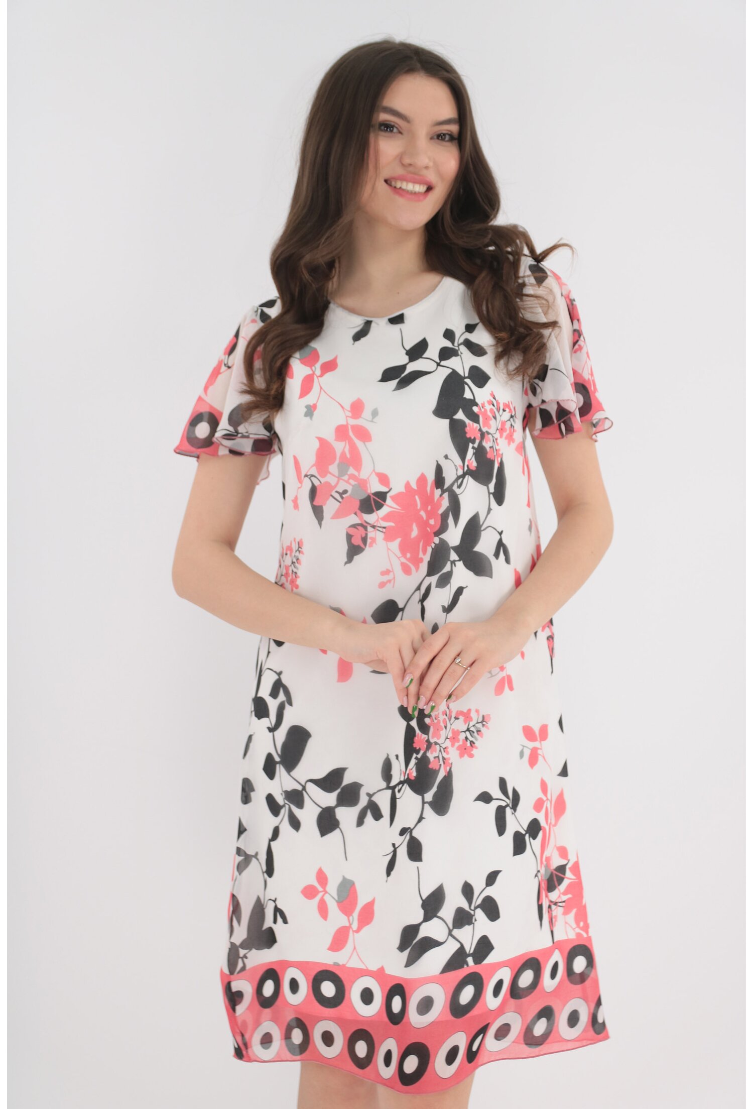 Rochie din voal alb cu print floral si bordura roz