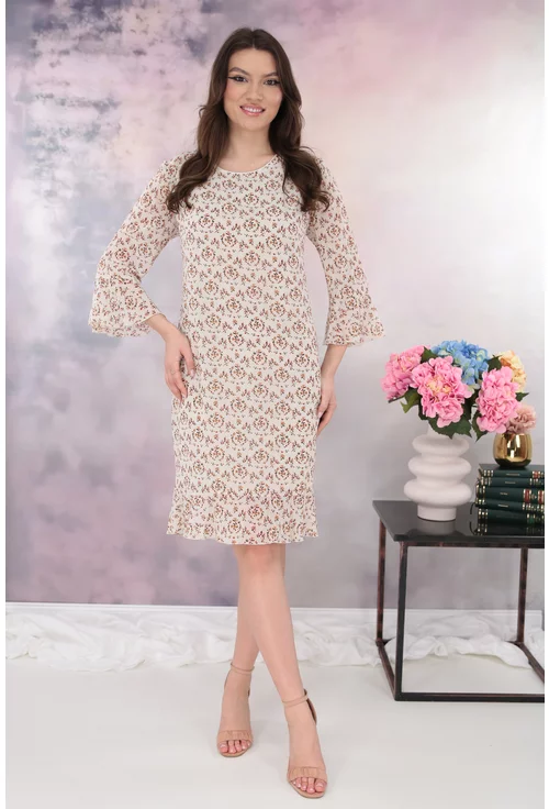 Rochie din voal bej cu print floral discret