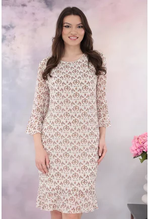 Rochie din voal bej cu print floral discret