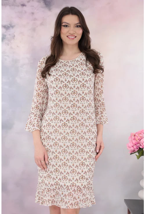 Rochie din voal bej cu print floral discret