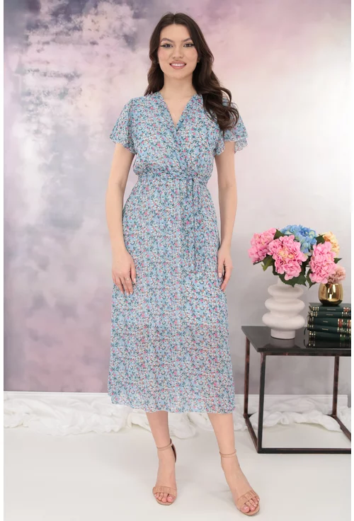 Rochie din voal bleu cu print floral roz si decolteu parte peste parte