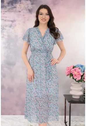 Rochie din voal bleu cu print floral roz si decolteu parte peste parte