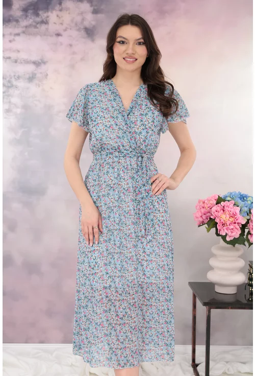 Rochie din voal bleu cu print floral roz si decolteu parte peste parte