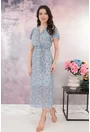 Rochie din voal bleu cu print floral roz si decolteu parte peste parte