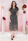Rochie din voal bleumarin cu print floral multicolor si decolteu parte peste parte